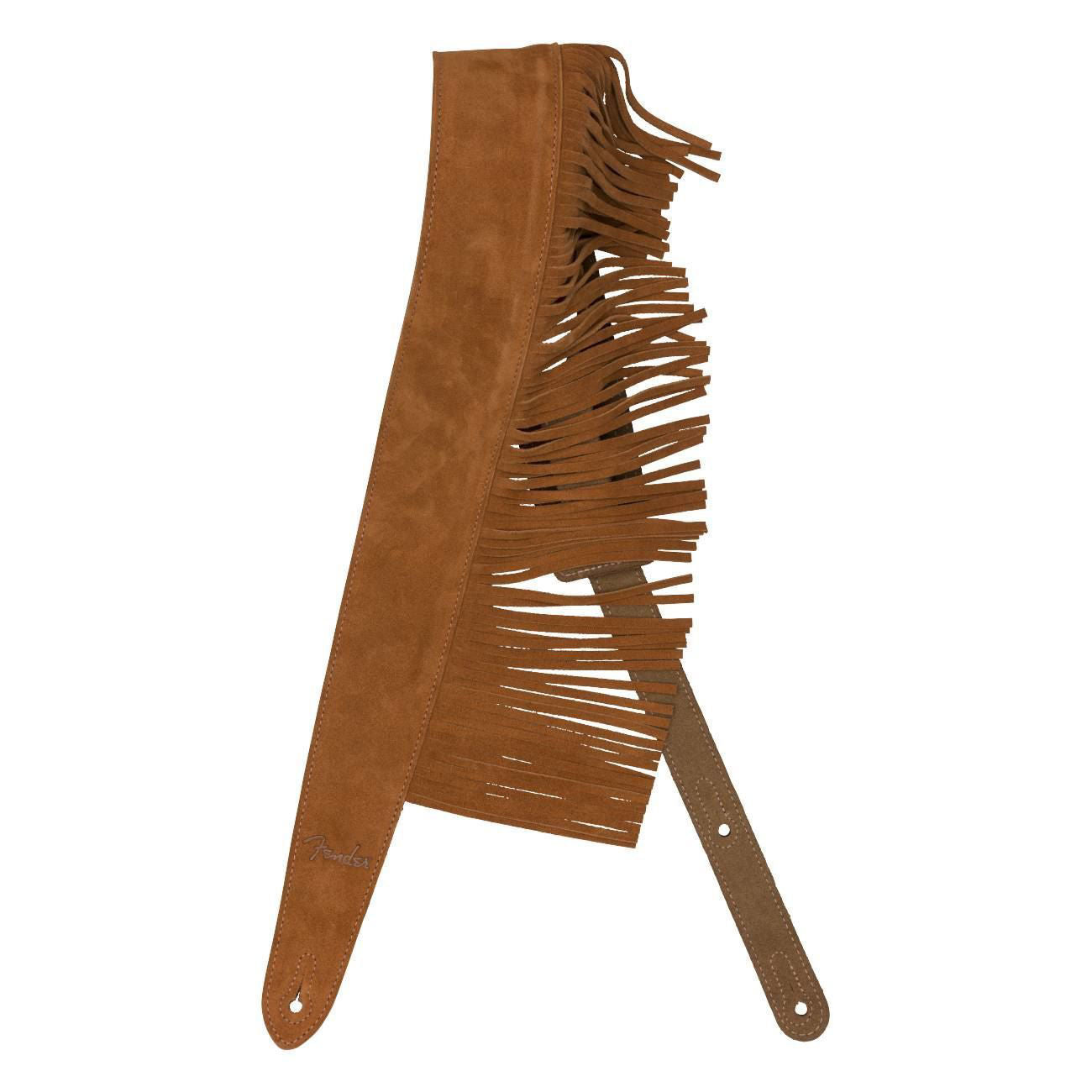 Fender suede fringe guitar strap with fringed edges and adjustable length, designed for comfortable, stylish guitar support.