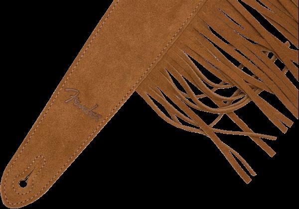 Fender suede fringe guitar strap with leather ends and decorative fringes, designed for comfortable and stylish guitar wearing.