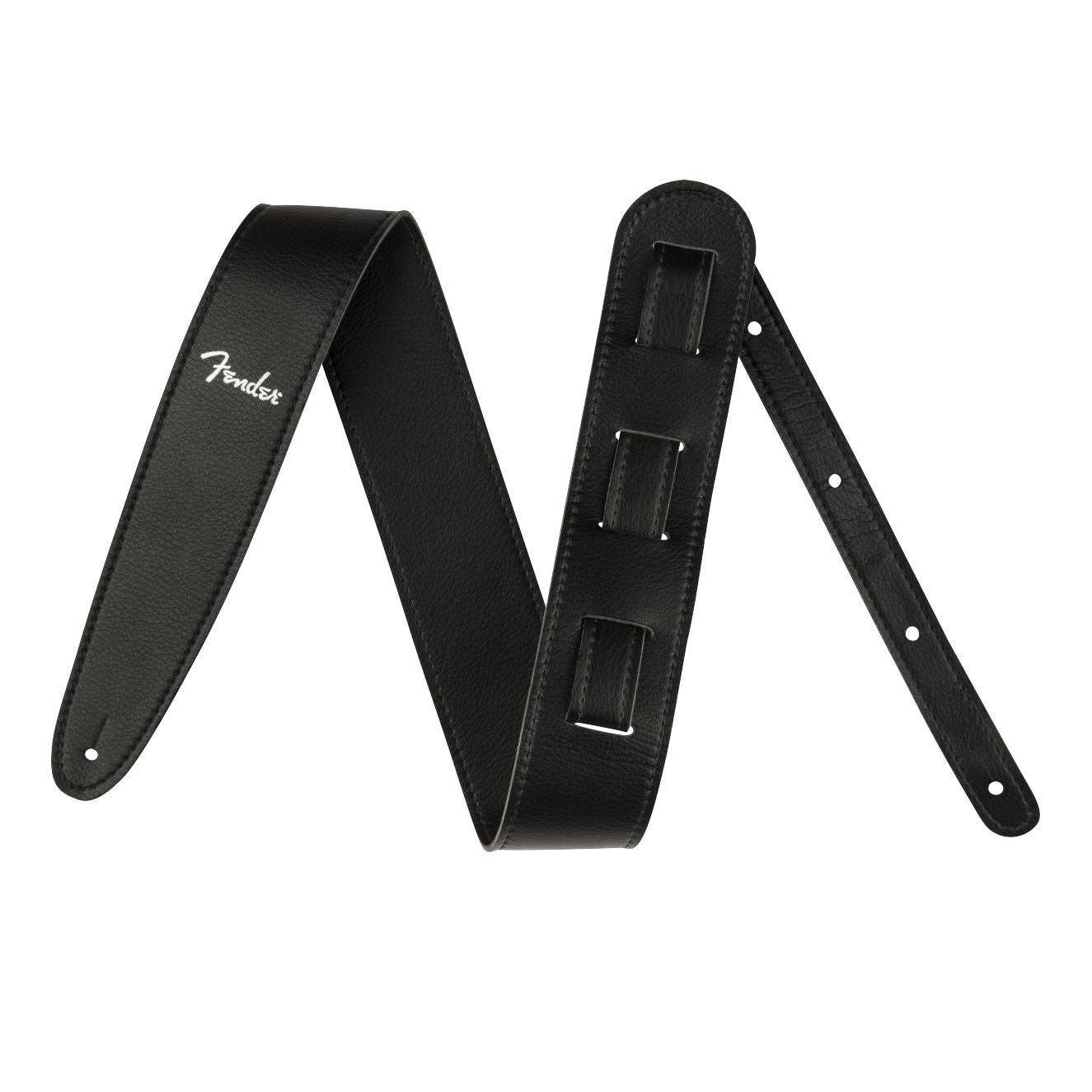 Fender black vegan leather guitar strap, 2.5 inches wide, with adjustable length and padded comfort for electric guitar.