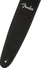 Fender vegan leather guitar strap in black, 2.5 inches wide, adjustable strap for electric and acoustic guitars.
