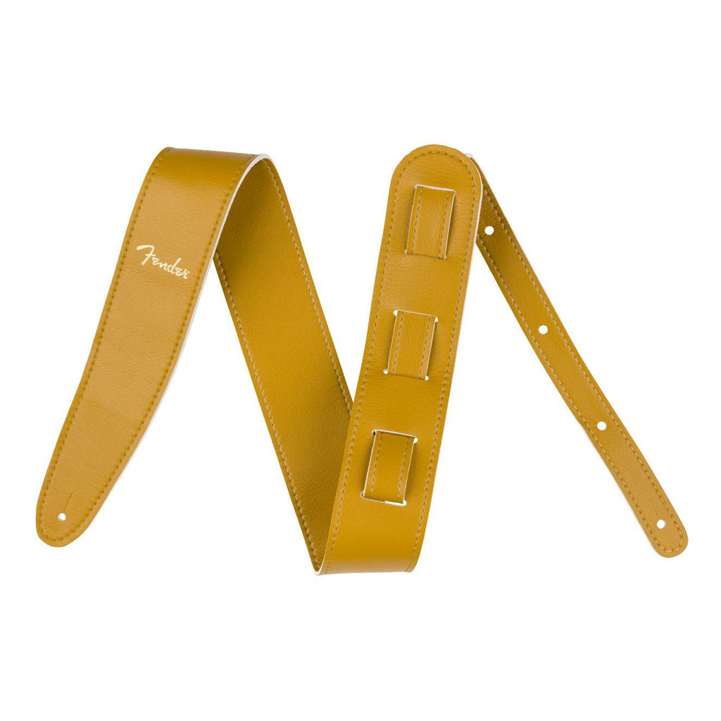 Fender vegan leather guitar strap in butterscotch with 2.5-inch width, adjustable for comfortable playing.