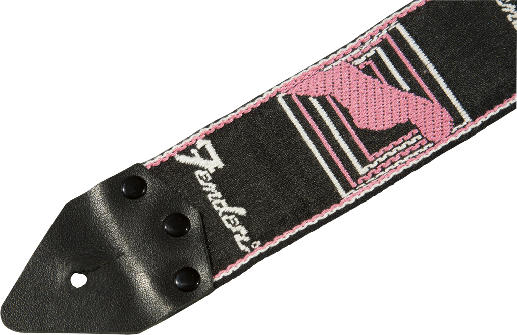 Fender Hama Okamoto pink signature guitar strap with adjustable length and durable leather ends for electric guitar.