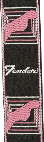 Pink Fender Hama Okamoto signature guitar strap with adjustable leather ends and woven fabric design for electric guitars.