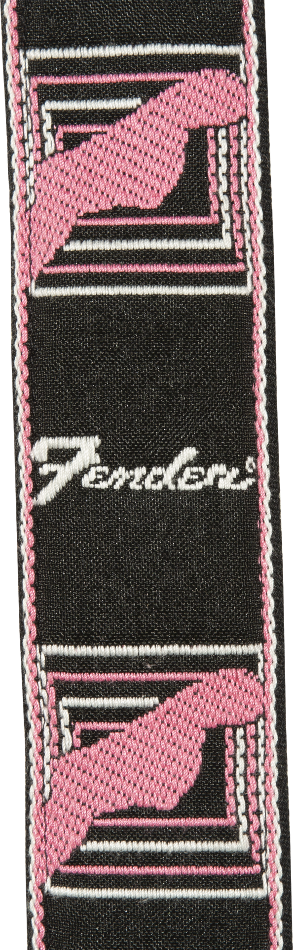 Pink Fender Hama Okamoto signature guitar strap with adjustable leather ends and woven fabric design for electric guitars.