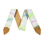 Fender Hama Okamoto Signature Tropical Guitar Strap with vibrant tropical design and adjustable leather ends for secure fit.