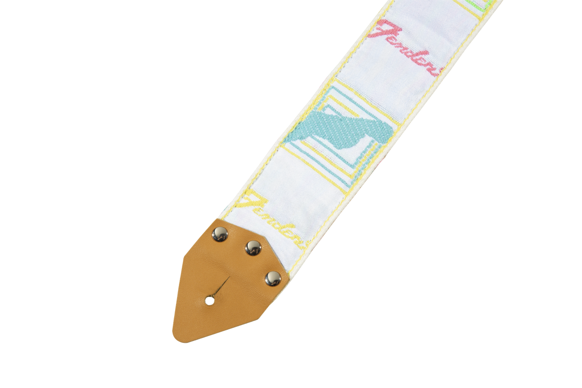 Fender Hama Okamoto Tropical Signature Guitar Strap featuring vibrant tropical print and adjustable leather ends for comfortable playing.