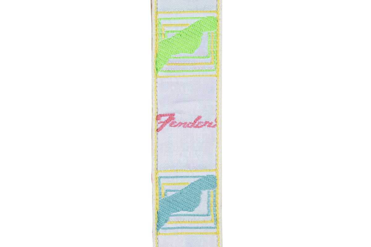 Fender Hama Okamoto Tropical signature guitar strap with vibrant tropical design and adjustable leather ends for secure fitting.