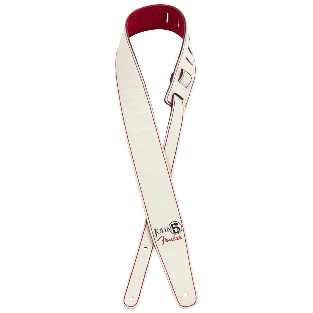 Fender John 5 leather guitar strap in white and red with adjustable length and padded design for comfortable playing.