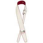 Fender John 5 leather guitar strap in white and red with adjustable length and padded design for comfortable playing.