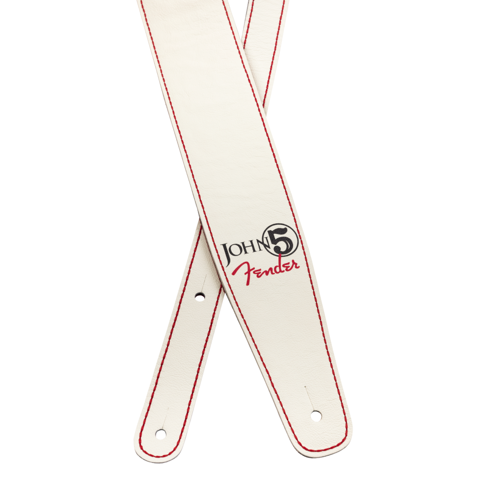 Fender John 5 leather guitar strap in white and red with adjustable design and reinforced ends for secure playing.