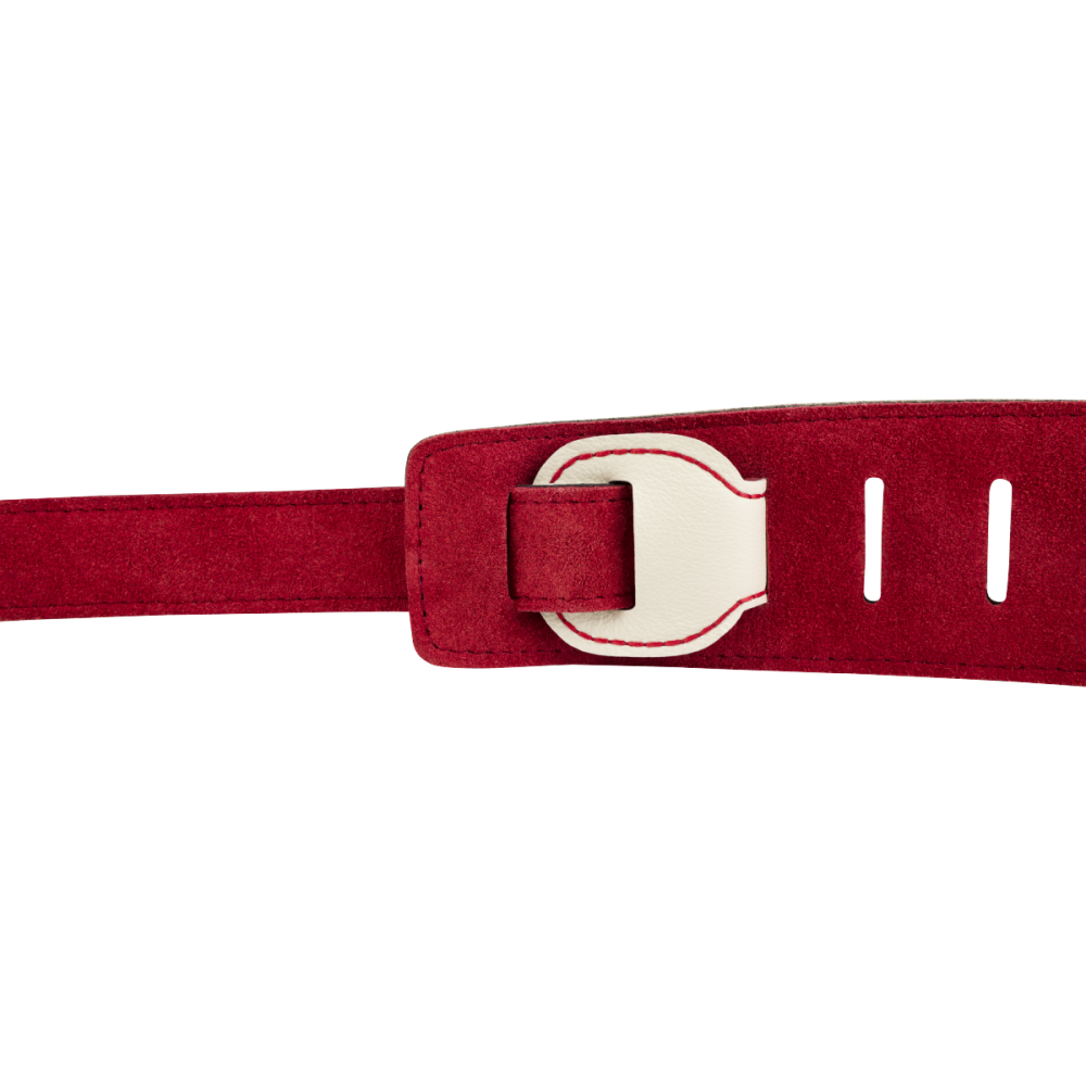 Fender John 5 leather guitar strap in white and red with adjustable length and detailed stitching for comfortable playing.