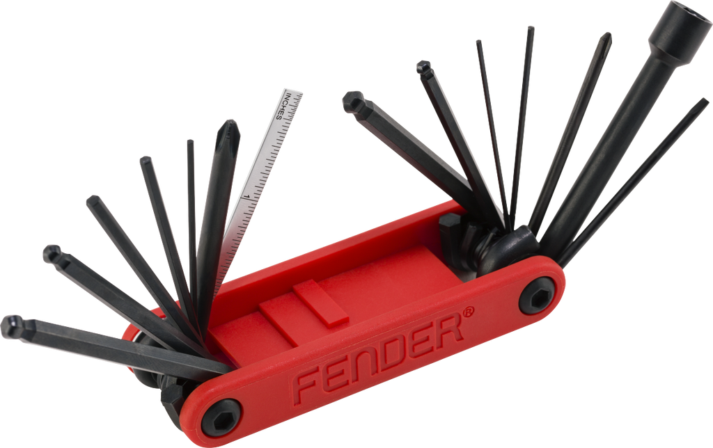 Fender multi-tool for guitar and bass accessories, featuring tools for stringing, tuning, and maintenance of electric guitars and basses.