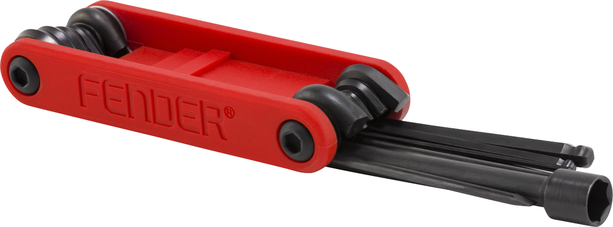 Fender guitar and bass multi-tool with various tools for string, tuning, and hardware adjustments, designed for guitar accessories.