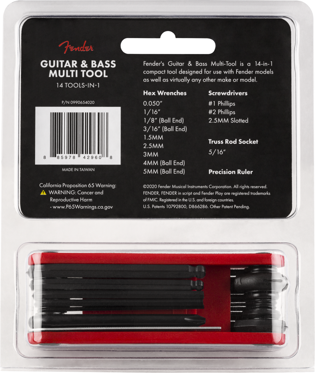 Fender guitar and bass multi-tool for adjusting strings, tuning, and maintenance of guitar accessories.