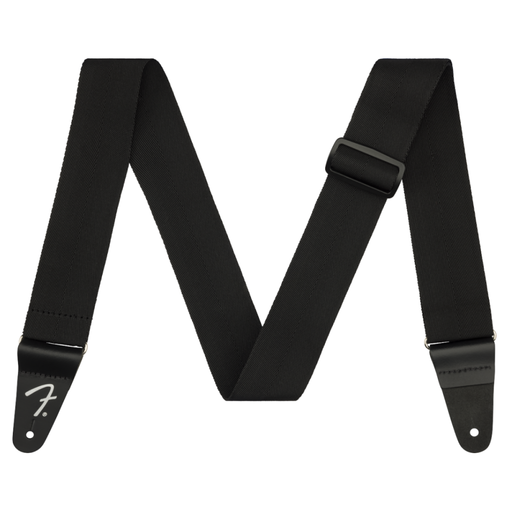 Fender PolyPro black guitar strap with adjustable length and durable nylon material, comfortable for playing and performance.