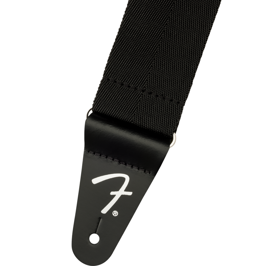 Fender PolyPro black guitar strap with adjustable length and padded comfort for secure, stylish instrument support.