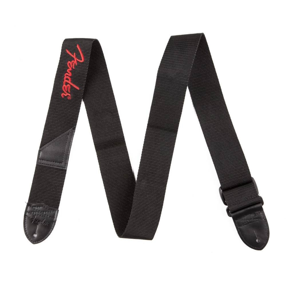 Fender Black Poly 2-inch guitar strap with red Fender logo, adjustable strap for electric or acoustic guitars.