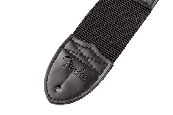 Fender Black Poly 2-inch guitar strap with red Fender logo and adjustable strap ends for secure fitting.