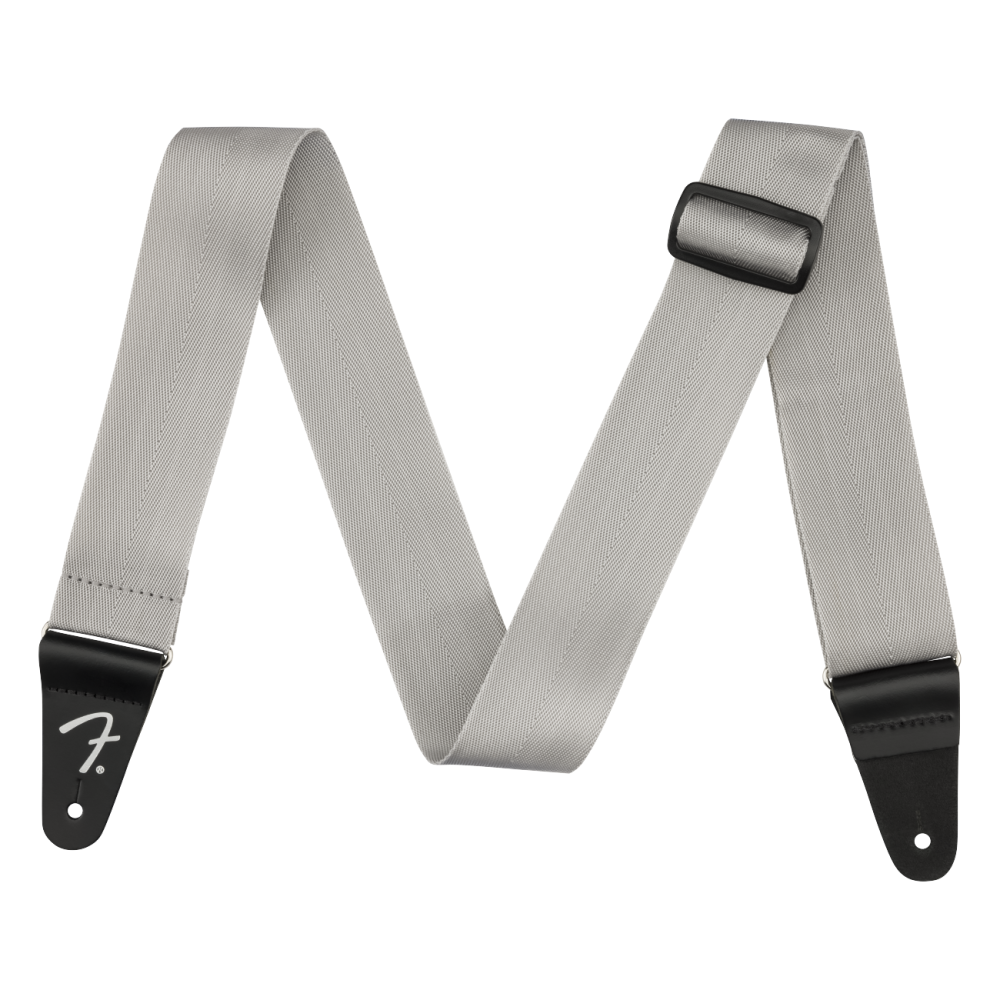 Fender PolyPro grey guitar strap with adjustable length and padded design for comfortable playing.