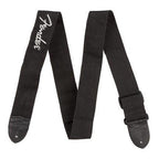 Fender Black Poly 2-inch guitar strap with grey Fender logo, adjustable strap for electric guitars.
