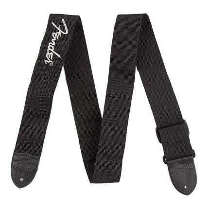 Fender Black Poly 2-inch guitar strap with grey Fender logo, adjustable strap for electric guitars.