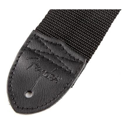 Fender black Poly 2-inch guitar strap with grey Fender logo, adjustable strap for electric and acoustic guitars.