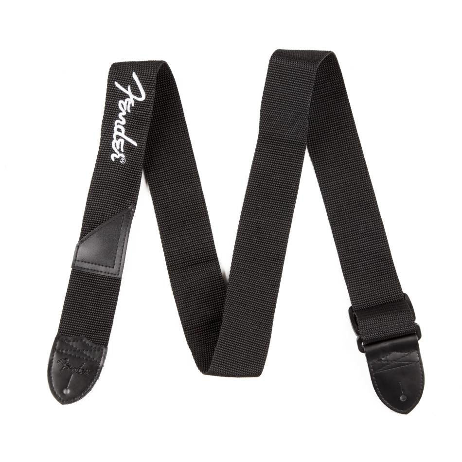Fender black polyester guitar strap with white Fender logo, adjustable 2-inch wide strap for electric or acoustic guitars.