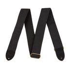 Black Fender cotton and leather guitar strap with adjustable length, featuring classic Fender branding and durable construction.