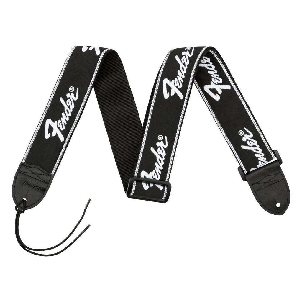 Black Fender Running Logo guitar strap with adjustable length and logo design, ideal for electric and acoustic guitars.