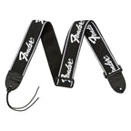 Black Fender Running Logo guitar strap with adjustable length and logo design, ideal for electric and acoustic guitars.