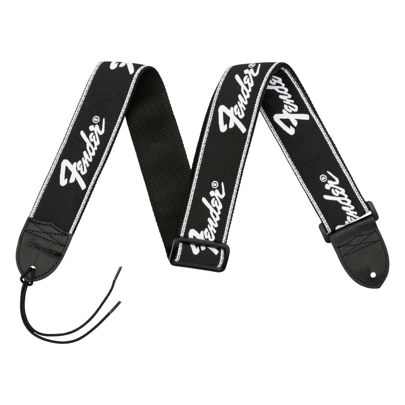 Black Fender Running Logo guitar strap with adjustable length and logo design, ideal for electric and acoustic guitars.
