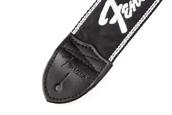 Black Fender Running Logo guitar strap with adjustable nylon strap and metal ends, designed for comfortable guitar playing.
