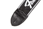 Black Fender Running Logo guitar strap with adjustable nylon strap and metal ends, designed for comfortable guitar playing.