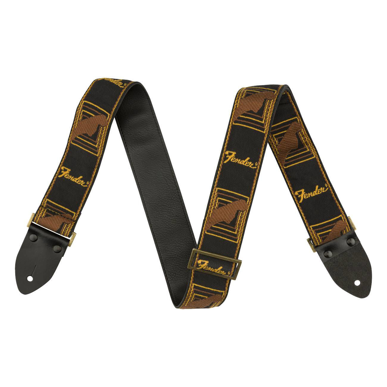 Fender Legacy Vintage Monogram guitar strap with leather ends and vintage design, suitable for electric or acoustic guitars.