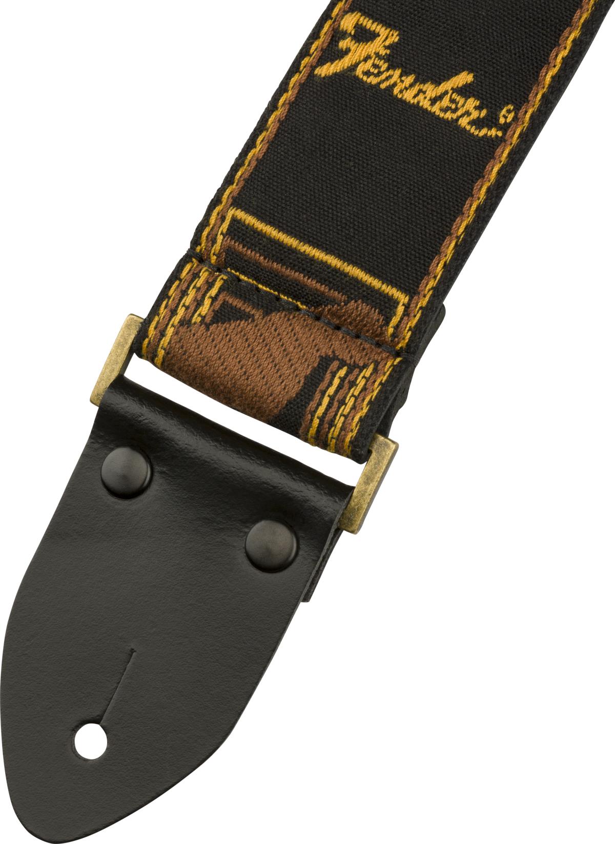Fender Legacy Vintage Monogram guitar strap with leather ends and vintage design, adjustable for comfortable playing.