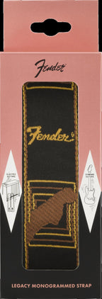 Fender Legacy Vintage Monogram guitar strap with leather ends and embroidered monogram design, adjustable for comfortable playing.