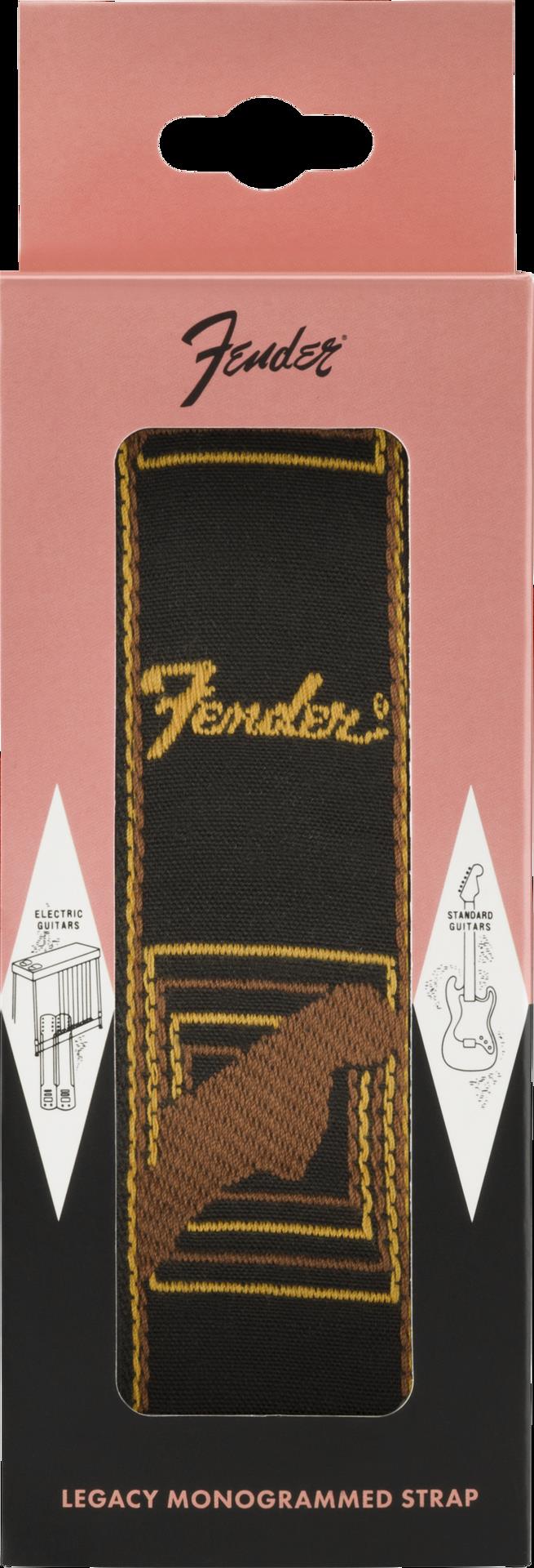 Fender Legacy Vintage Monogram guitar strap with leather ends and embroidered monogram design, adjustable for comfortable playing.