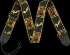 Fender monogrammed 2-inch black, yellow, and brown guitar strap with Fender branding and adjustable length for comfortable playing.