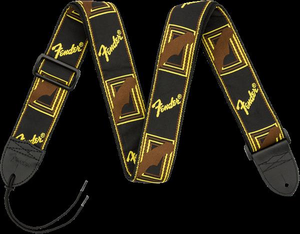 Fender monogrammed 2-inch black, yellow, and brown guitar strap with Fender branding and adjustable length for comfortable playing.
