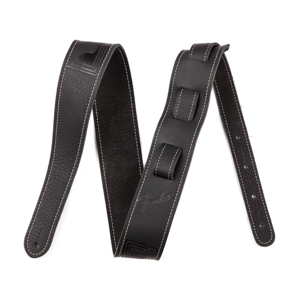 Black Fender Monogram Leather Guitar Strap with embossed logo, adjustable strap for comfortable guitar playing.