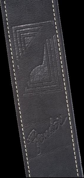 Fender Monogram Leather Guitar Strap in black, featuring embossed branding and adjustable leather design for comfortable playing.