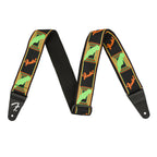 Fender Neon Monogrammed 2-inch guitar strap in vibrant green and orange with branded design and adjustable strap features.