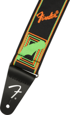 Fender Neon Monogrammed 2-inch guitar strap in green and orange with branded logo and adjustable strap length.