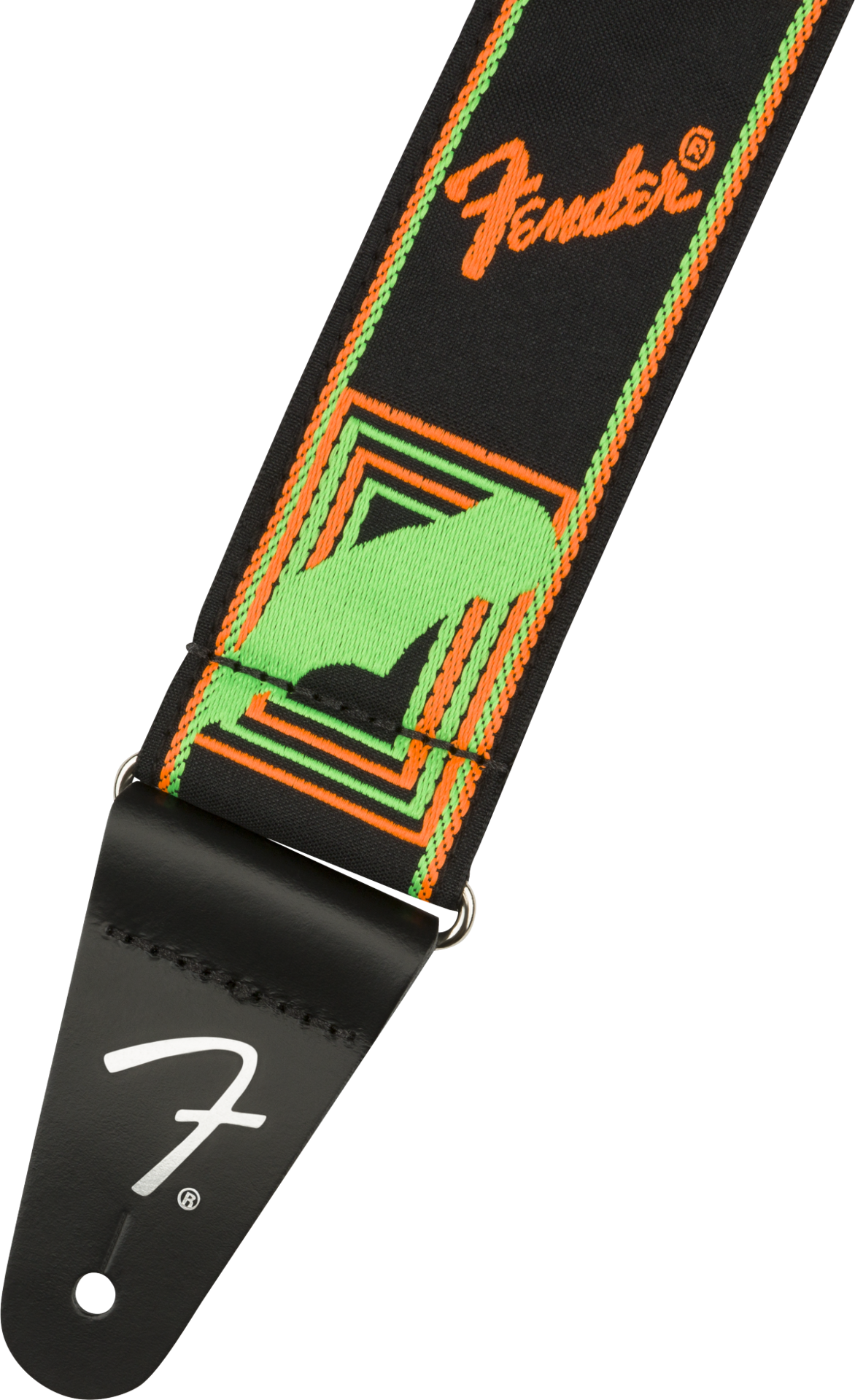 Fender Neon Monogrammed 2-inch guitar strap in green and orange with branded logo and adjustable strap length.