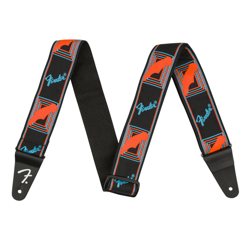 Fender Neon Monogrammed 2-inch blue and orange guitar strap with bold neon branding and adjustable leather ends for comfort.