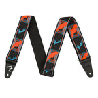 Fender Neon Monogrammed 2-inch blue and orange guitar strap with bold neon branding and adjustable leather ends for comfort.