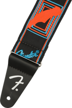 Fender Neon Monogrammed 2-inch guitar strap in blue and orange with Fender branding and vibrant neon design.