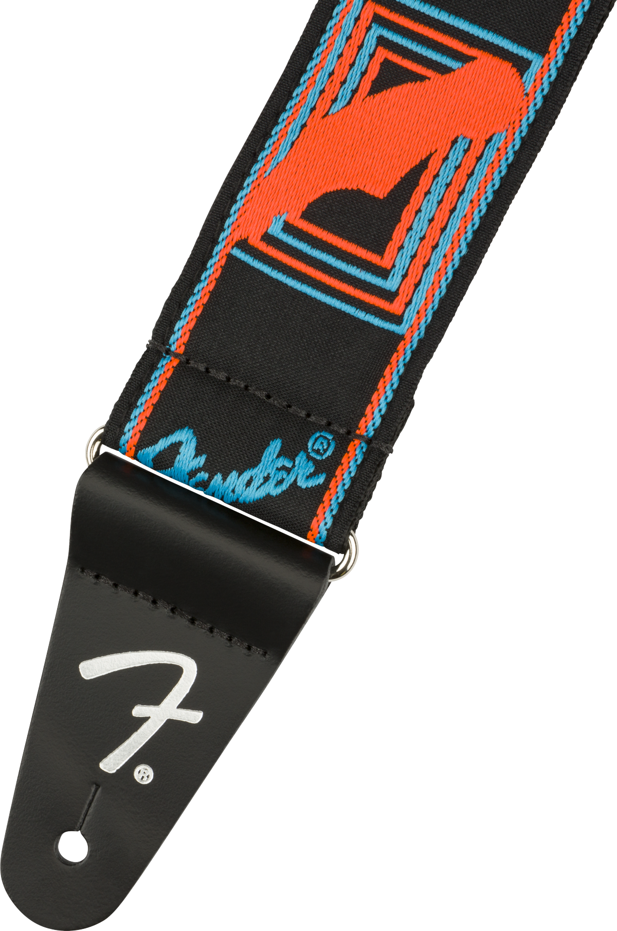 Fender Neon Monogrammed 2-inch guitar strap in blue and orange with Fender branding and vibrant neon design.
