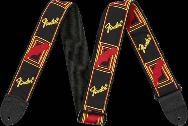 Fender 2-inch black, yellow, and red monogrammed guitar strap with adjustable length and padded comfort for electric guitars.