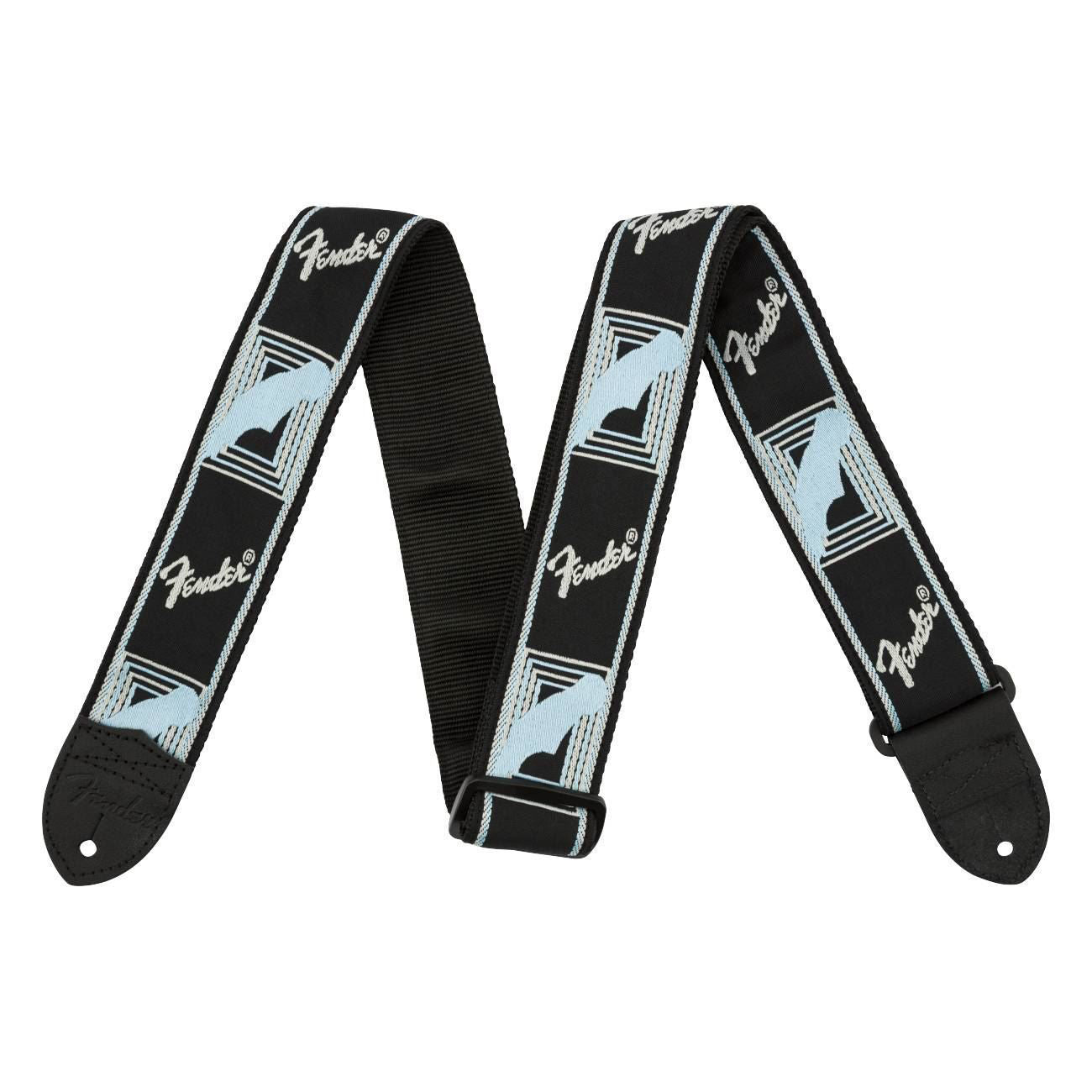Fender monogrammed 2-inch guitar strap in black, light grey, and blue, with branded logo and adjustable strap design.